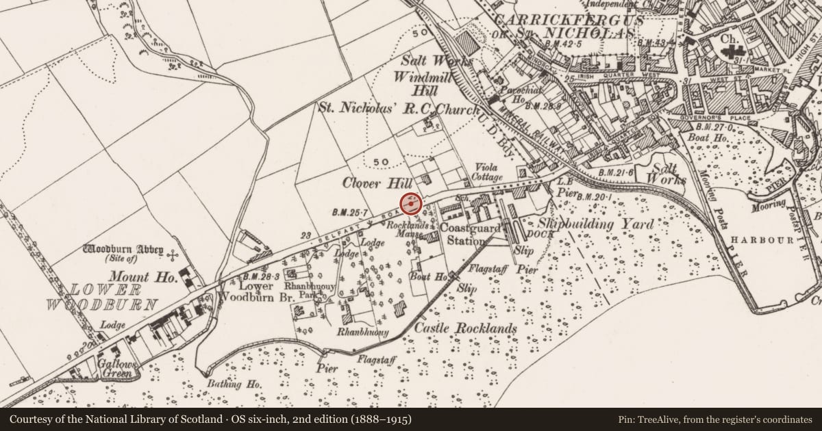 Ordnance Survey six-inch map, 2nd edition (1888–1915) covering the location of Coastguard Cottages, West Ward, Mid and East Antrim, with a pin at the register's coordinates
