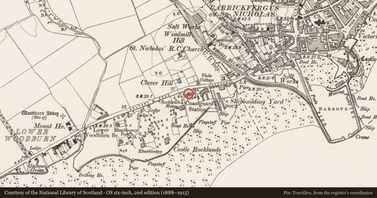 Ordnance Survey six-inch map, 2nd edition (1888–1915) covering the location of Coastguard Cottages, West Ward, Mid and East Antrim, with a pin at the register's coordinates