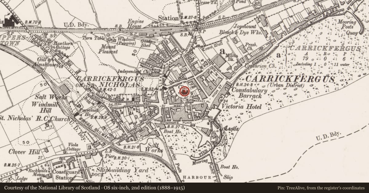 Ordnance Survey six-inch map, 2nd edition (1888–1915) covering the location of St. Nicholas' Church of Ireland Church, Carrickfergus, Mid and East Antrim, with a pin at the register's coordinates