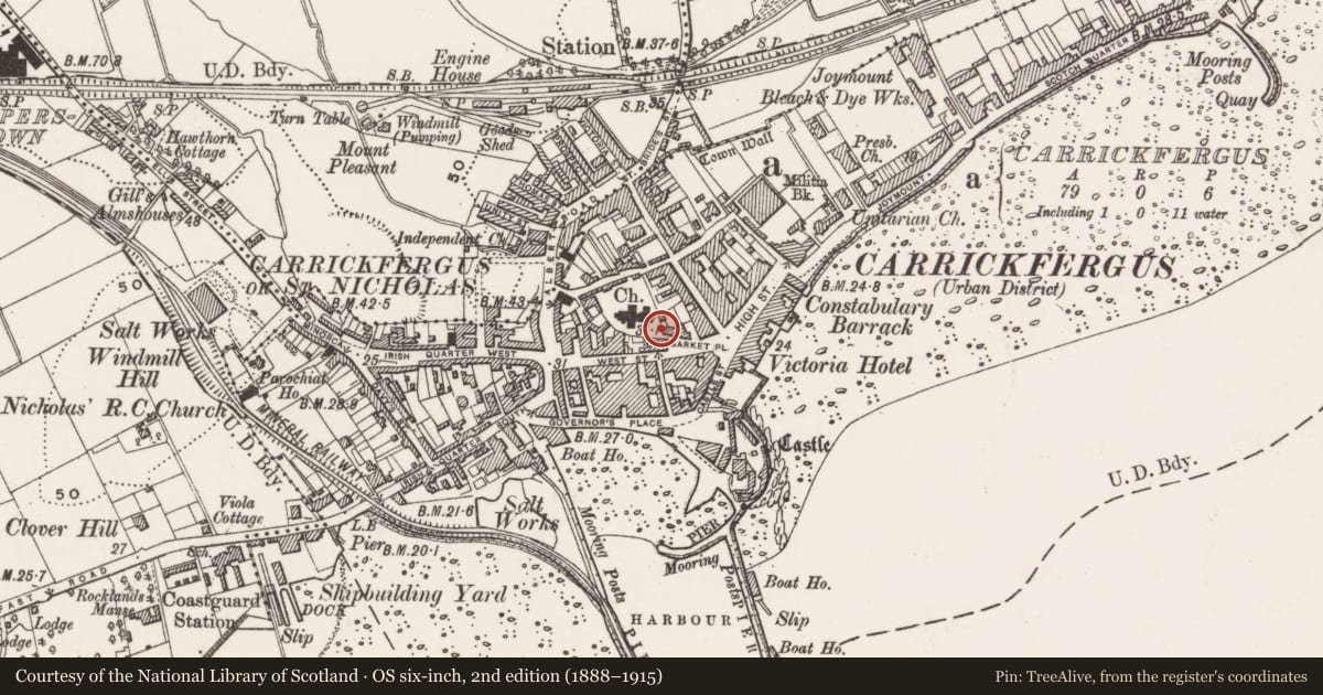 Ordnance Survey six-inch map, 2nd edition (1888–1915) covering the location of Tower Gate of St. Nicholas' Church of Ireland Church, Carrickfergus, Mid and East Antrim, with a pin at the register's coordinates