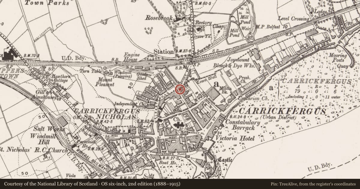 Ordnance Survey six-inch map, 2nd edition (1888–1915) covering the location of North Gate, Carrickfergus, Mid and East Antrim, with a pin at the register's coordinates
