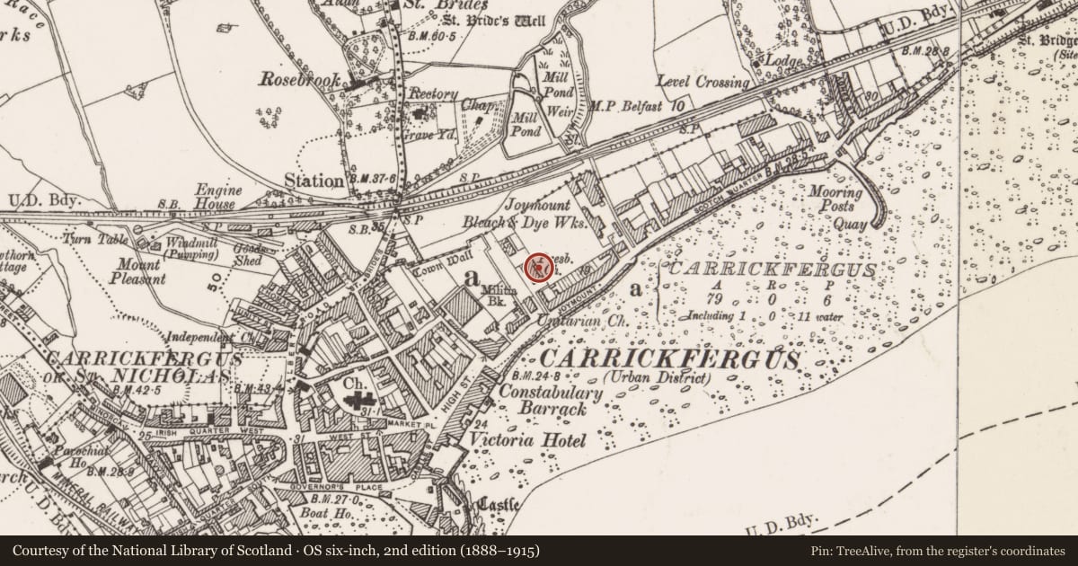 Ordnance Survey six-inch map, 2nd edition (1888–1915) covering the location of Joymount Presbyterian Church, Carrickfergus, Mid and East Antrim, with a pin at the register's coordinates