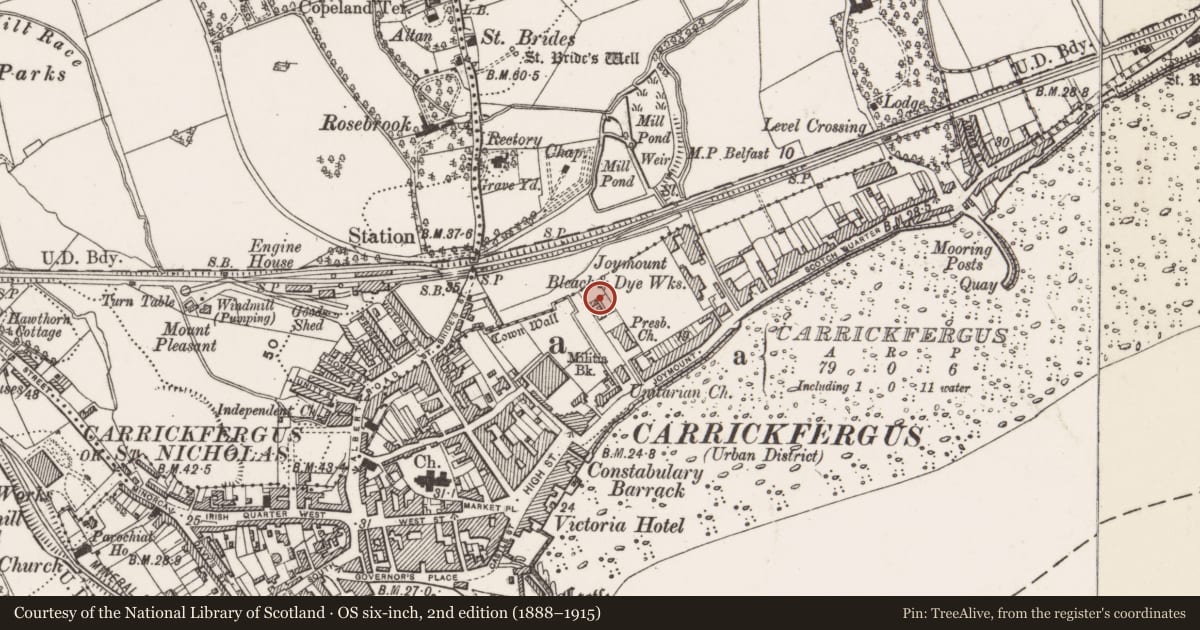 Ordnance Survey six-inch map, 2nd edition (1888–1915) covering the location of Joymount Manse, Carrickfergus, Mid and East Antrim, with a pin at the register's coordinates