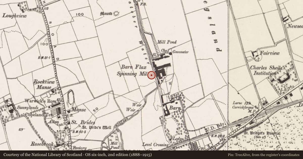 Ordnance Survey six-inch map, 2nd edition (1888–1915) covering the location of Taylors Row, Mid and East Antrim, with a pin at the register's coordinates
