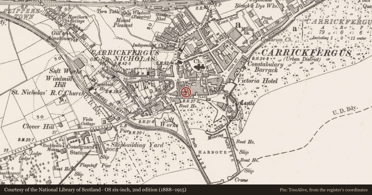 Ordnance Survey six-inch map, 2nd edition (1888–1915) covering the location of Gill's Almhouses, Carrickfergus, Mid and East Antrim, with a pin at the register's coordinates