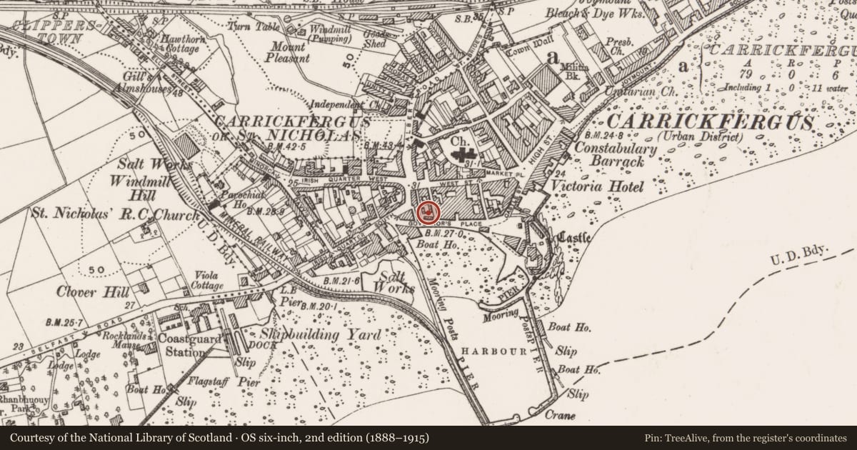 Ordnance Survey six-inch map, 2nd edition (1888–1915) covering the location of Gill's Almhouses, Carrickfergus, Mid and East Antrim, with a pin at the register's coordinates