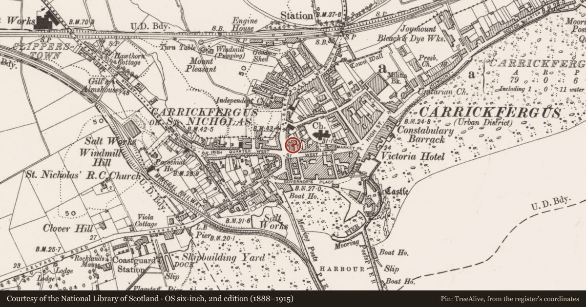 Ordnance Survey six-inch map, 2nd edition (1888–1915) covering the location of Methodist Church, Castle, Mid and East Antrim, with a pin at the register's coordinates