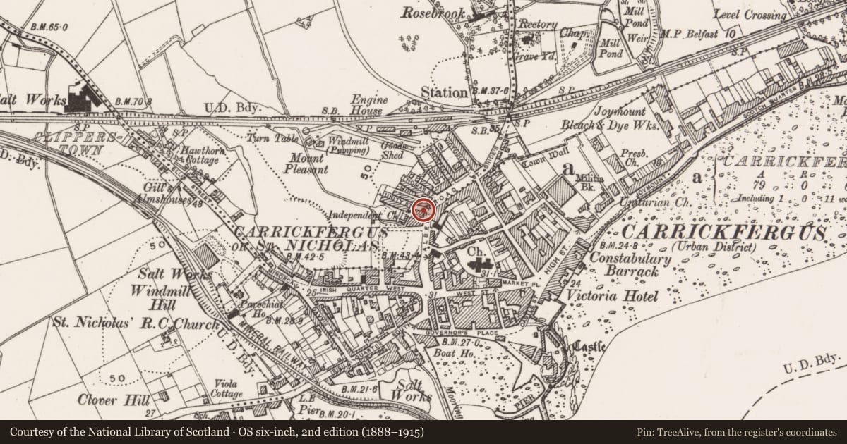 Ordnance Survey six-inch map, 2nd edition (1888–1915) covering the location of Carrickfergus Congregational Church, Albert Road, Carrickfergus, Co Antrim, Mid and East Antrim, with a pin at the register's coordinates
