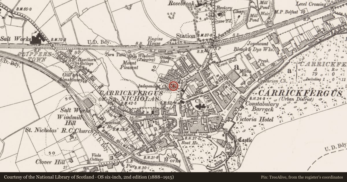 Ordnance Survey six-inch map, 2nd edition (1888–1915) covering the location of Carrickfergus Congregational Church Hall, West Central Ward, Mid and East Antrim, with a pin at the register's coordinates