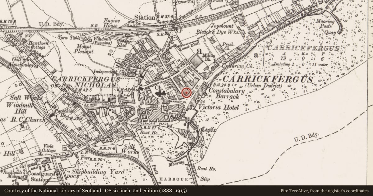 Ordnance Survey six-inch map, 2nd edition (1888–1915) covering the location of Bell's Newsagency, Carrickfergus, Mid and East Antrim, with a pin at the register's coordinates