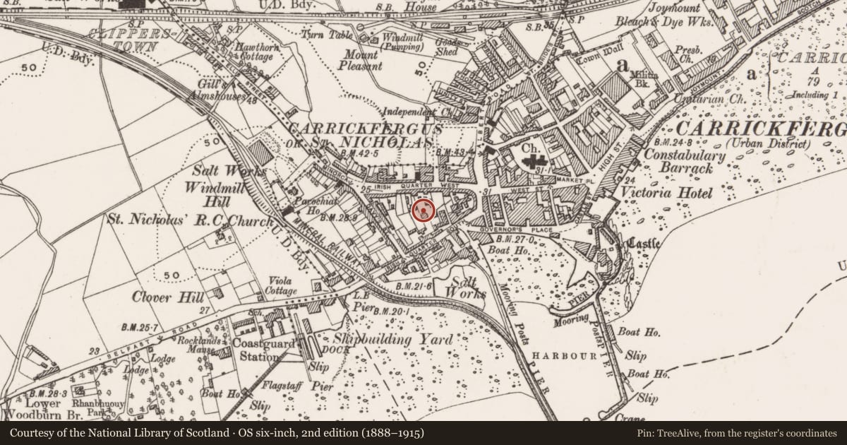 Ordnance Survey six-inch map, 2nd edition (1888–1915) covering the location of Former Gasworks, Carrickfergus, Mid and East Antrim, with a pin at the register's coordinates