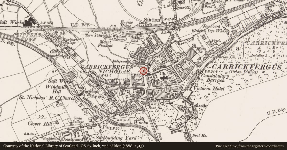 Ordnance Survey six-inch map, 2nd edition (1888–1915) covering the location of Memorial Orange Hall, Mid and East Antrim, with a pin at the register's coordinates