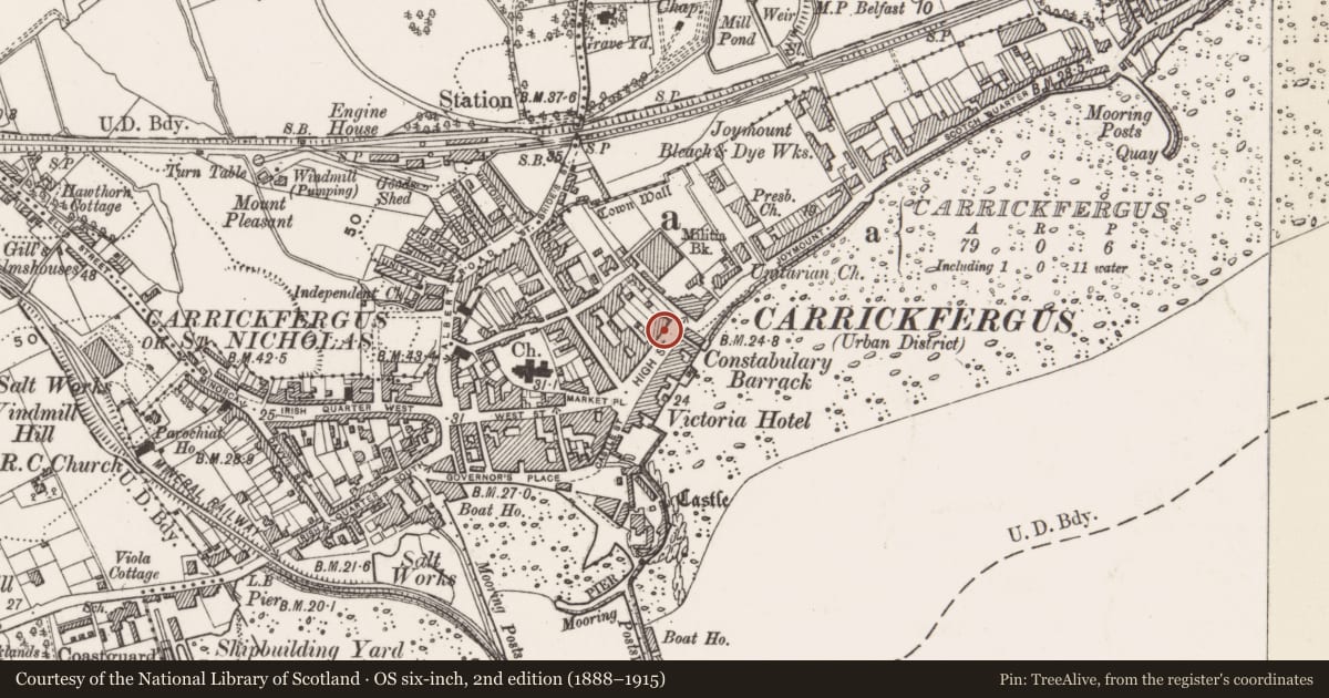 Ordnance Survey six-inch map, 2nd edition (1888–1915) covering the location of Telephone Kiosk, Carrickfergus, Mid and East Antrim, with a pin at the register's coordinates