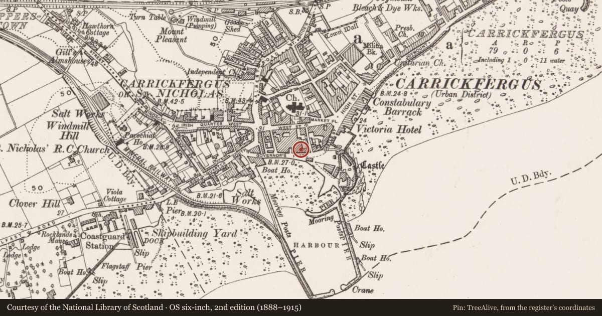 Ordnance Survey six-inch map, 2nd edition (1888–1915) covering the location of Site of early Coastguard Stations, Mid and East Antrim, with a pin at the register's coordinates
