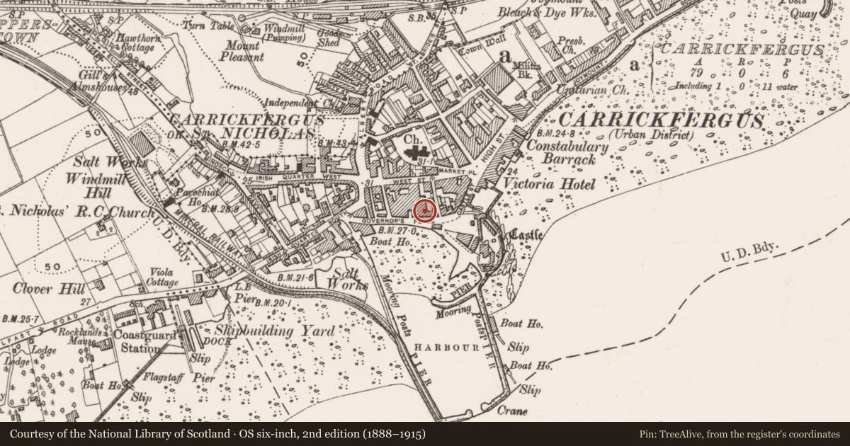 Ordnance Survey six-inch map, 2nd edition (1888–1915) covering the location of Kelly'S Coal Office, Mid and East Antrim, with a pin at the register's coordinates