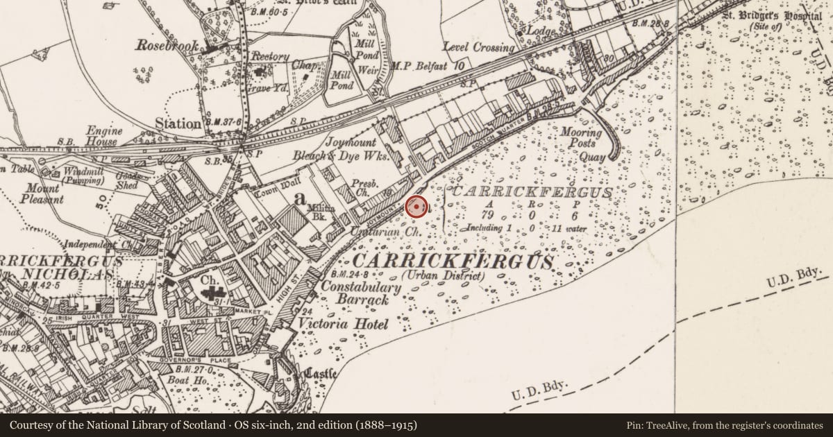 Ordnance Survey six-inch map, 2nd edition (1888–1915) covering the location of Clock Tower, Carrickfergus, Mid and East Antrim, with a pin at the register's coordinates
