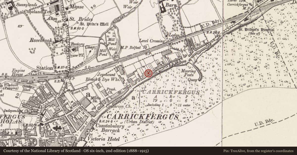 Ordnance Survey six-inch map, 2nd edition (1888–1915) covering the location of 26 Scotch Quarter, None, Mid and East Antrim, with a pin at the register's coordinates
