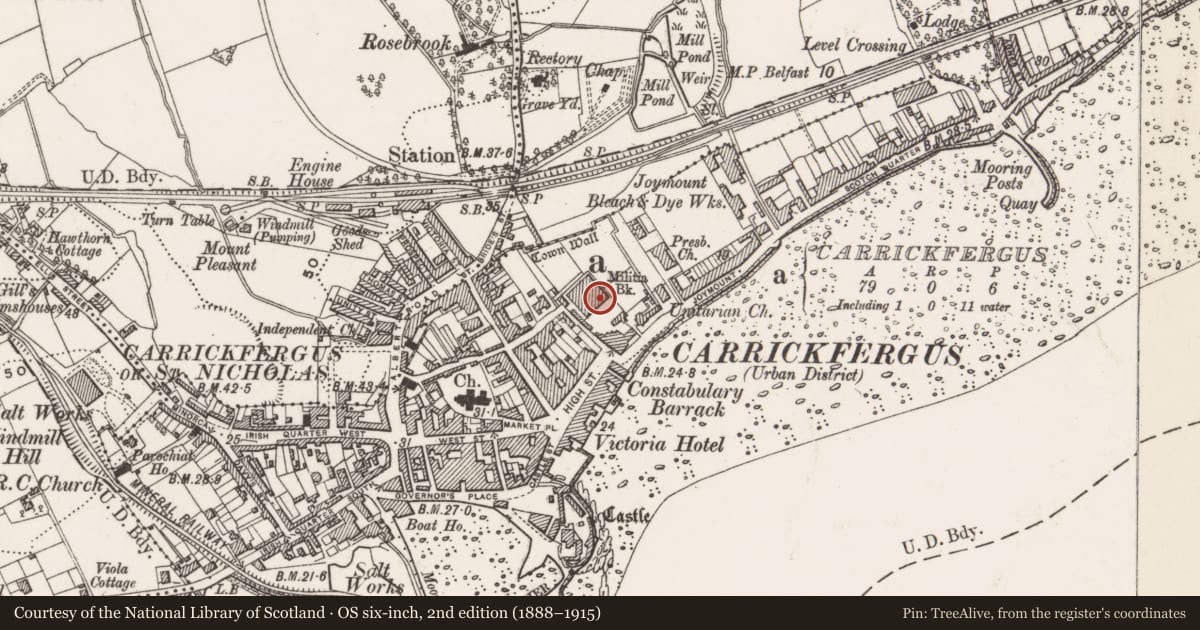 Ordnance Survey six-inch map, 2nd edition (1888–1915) covering the location of Military complex within Carrickfergus Borough Council yard, Mid and East Antrim, with a pin at the register's coordinates