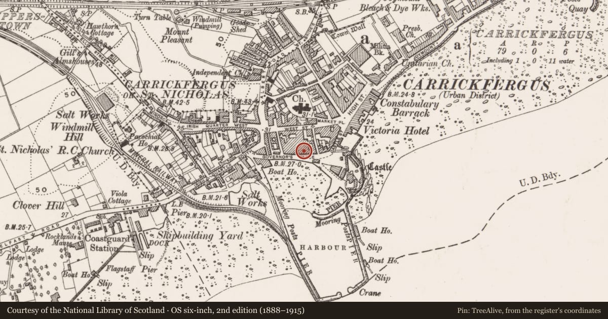 Ordnance Survey six-inch map, 2nd edition (1888–1915) covering the location of 5 Governor's Place, Carrickfergus, Mid and East Antrim, with a pin at the register's coordinates