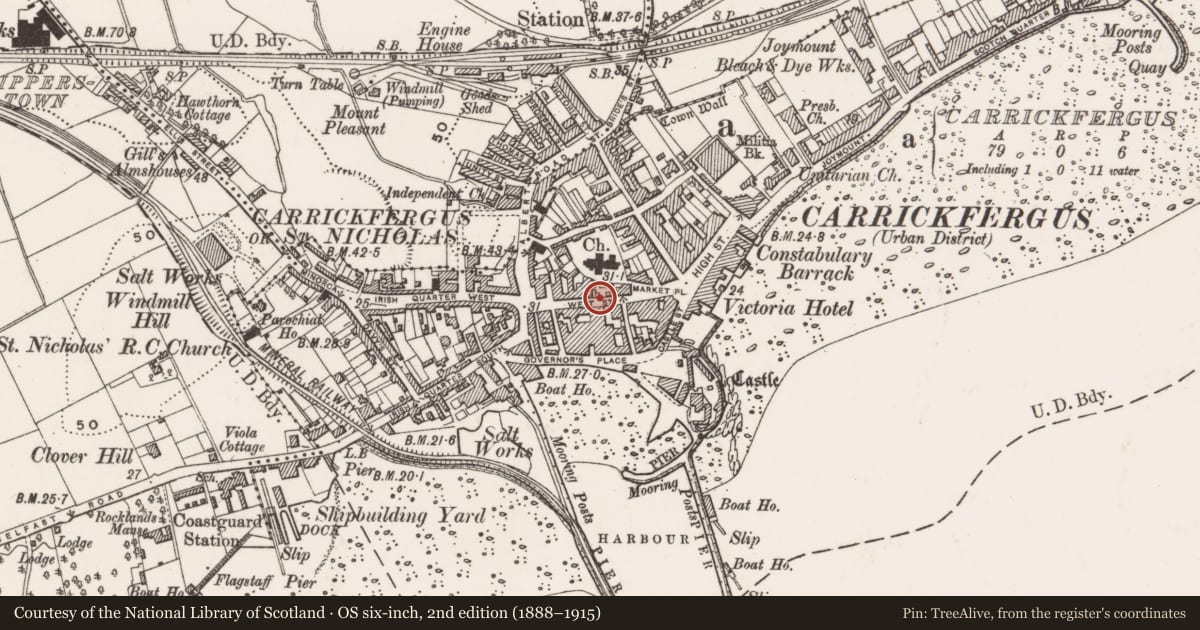 Ordnance Survey six-inch map, 2nd edition (1888–1915) covering the location of 10-14 West Street, Carrickfergus, Mid and East Antrim, with a pin at the register's coordinates