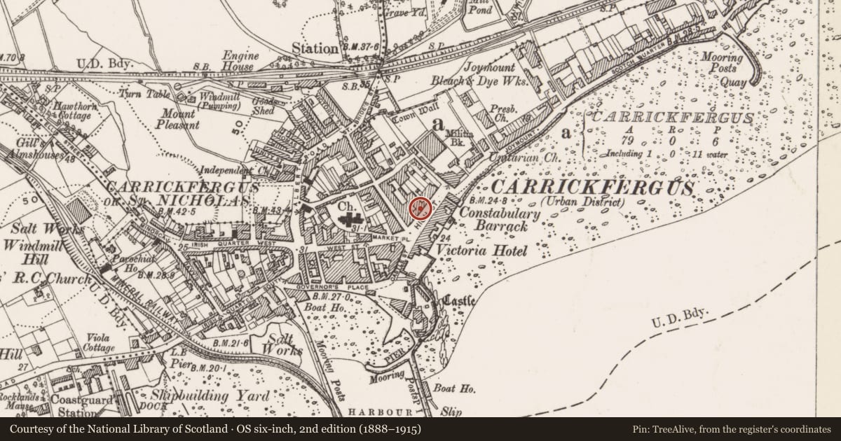 Ordnance Survey six-inch map, 2nd edition (1888–1915) covering the location of 10 High Street, Carrickfergus, Co Antrim, Mid and East Antrim, with a pin at the register's coordinates