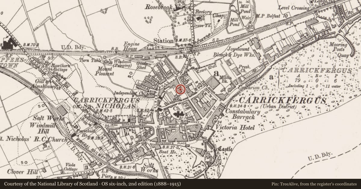 Ordnance Survey six-inch map, 2nd edition (1888–1915) covering the location of First Presbyterian Church, Carrickfergus, Mid and East Antrim, with a pin at the register's coordinates