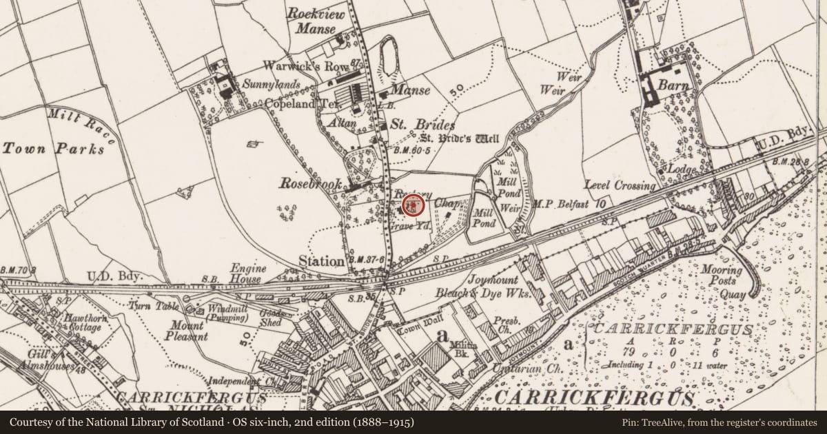 Ordnance Survey six-inch map, 2nd edition (1888–1915) covering the location of Rectory, Mid and East Antrim, with a pin at the register's coordinates