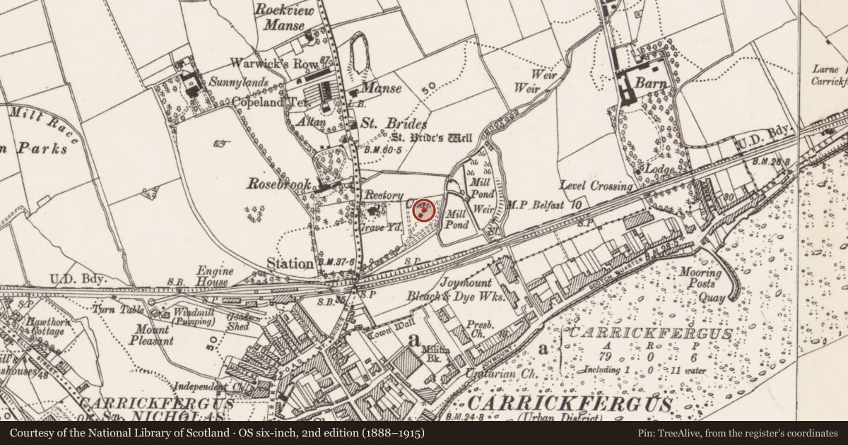 Ordnance Survey six-inch map, 2nd edition (1888–1915) covering the location of Mortuary Chapel in graveyard, North east Division, Mid and East Antrim, with a pin at the register's coordinates