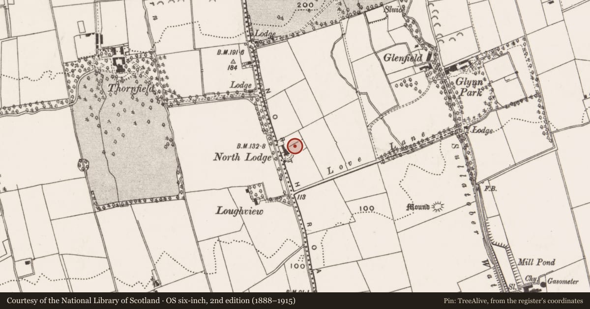 Ordnance Survey six-inch map, 2nd edition (1888–1915) covering the location of North Lodge, Mid and East Antrim, with a pin at the register's coordinates
