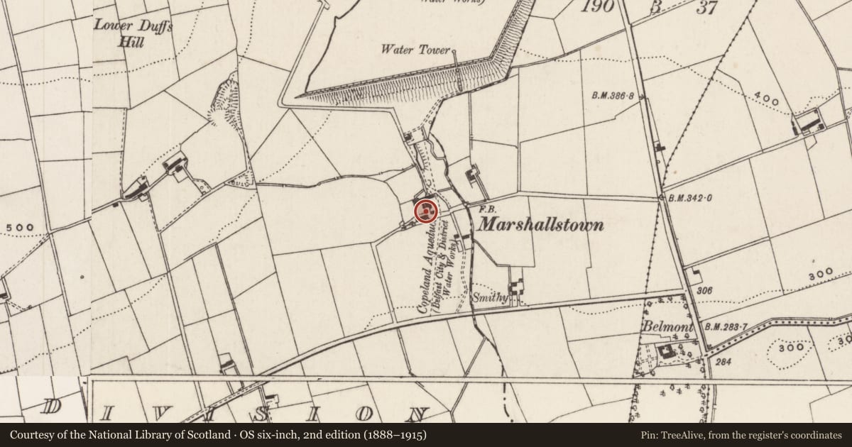 Ordnance Survey six-inch map, 2nd edition (1888–1915) covering the location of 78 Marshallstown Road, North East Division, Mid and East Antrim, with a pin at the register's coordinates