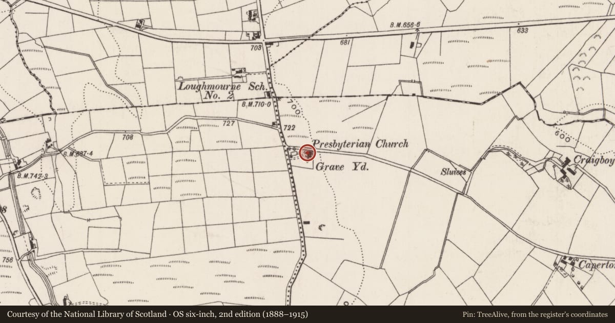 Ordnance Survey six-inch map, 2nd edition (1888–1915) covering the location of Loughmourne Presbyterian Church, Mid and East Antrim, with a pin at the register's coordinates