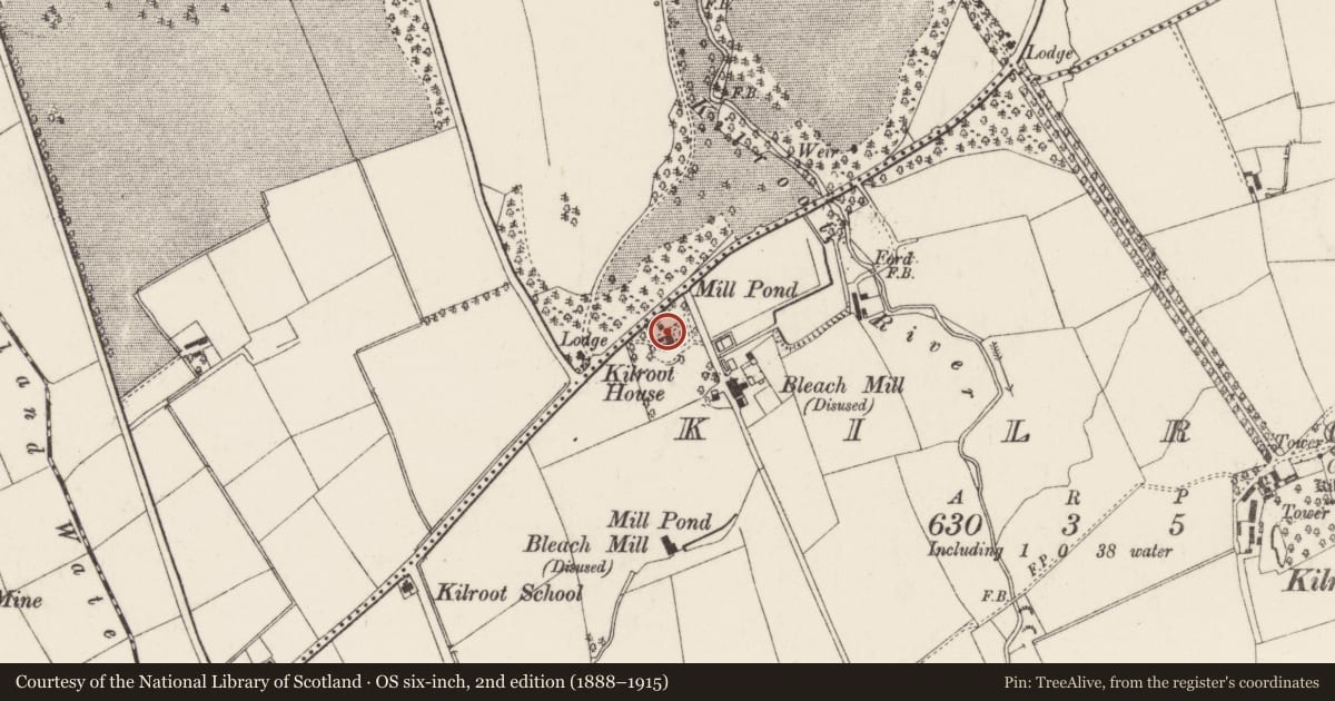 Ordnance Survey six-inch map, 2nd edition (1888–1915) covering the location of Kilroot House, Mid and East Antrim, with a pin at the register's coordinates