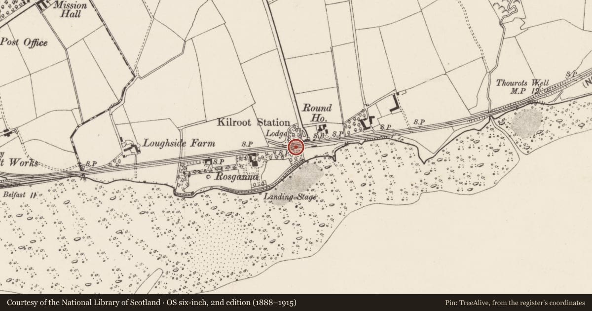 Ordnance Survey six-inch map, 2nd edition (1888–1915) covering the location of Gates at Rosganna Manor, Mid and East Antrim, with a pin at the register's coordinates
