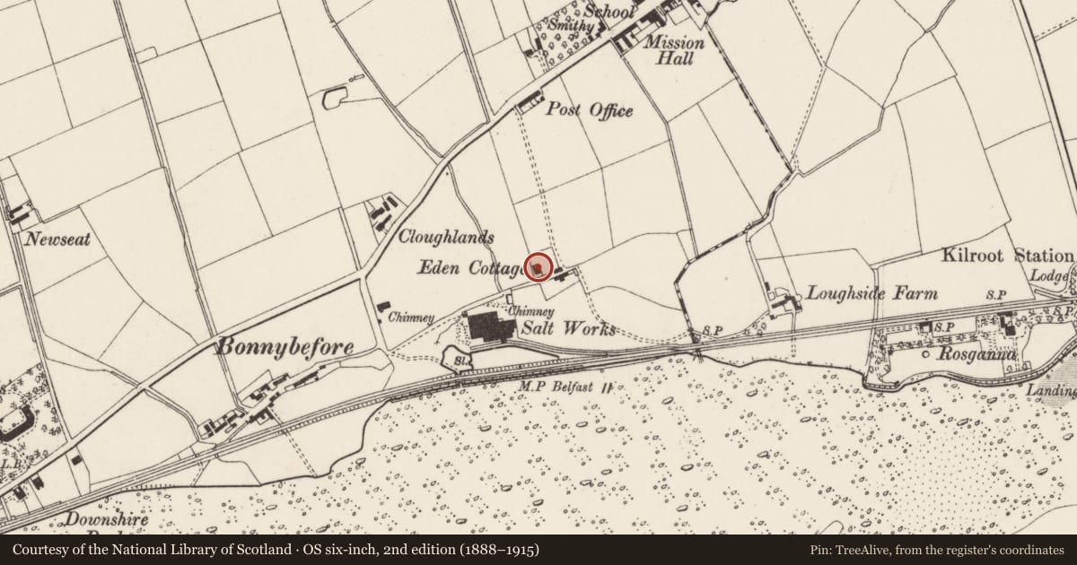 Ordnance Survey six-inch map, 2nd edition (1888–1915) covering the location of Eden Cottage, Mid and East Antrim, with a pin at the register's coordinates