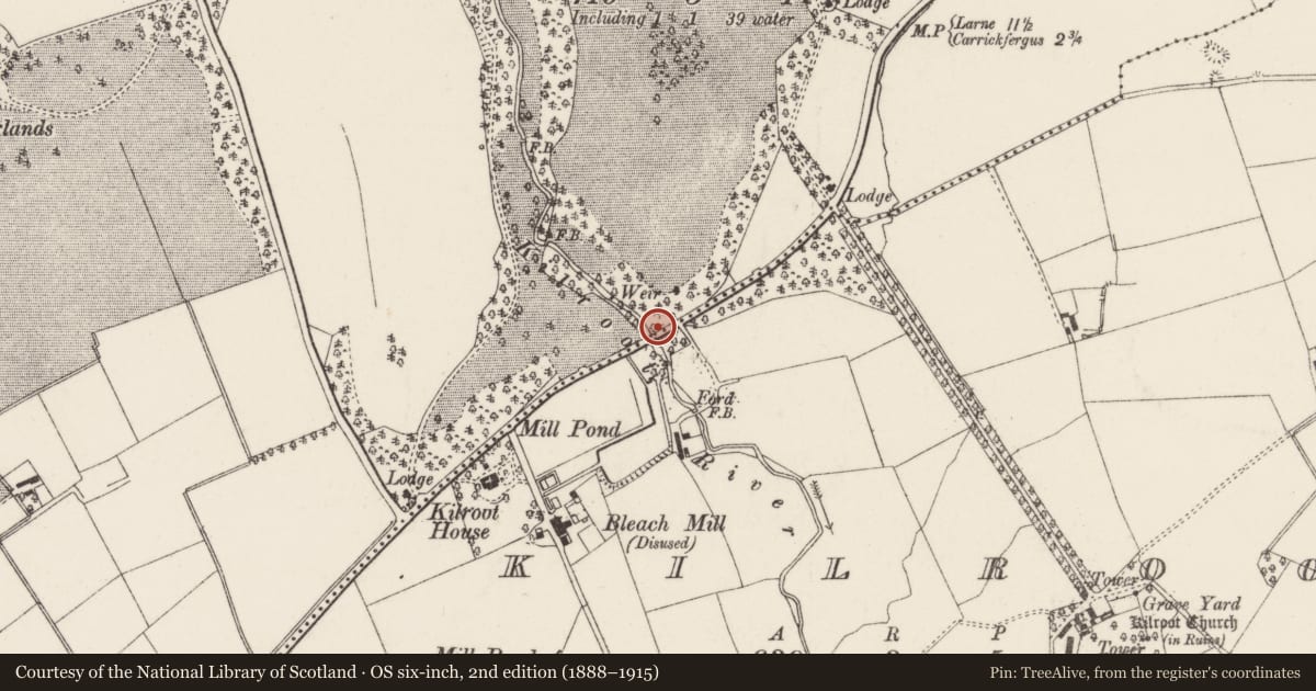 Ordnance Survey six-inch map, 2nd edition (1888–1915) covering the location of Kilroot Bridge, Mid and East Antrim, with a pin at the register's coordinates