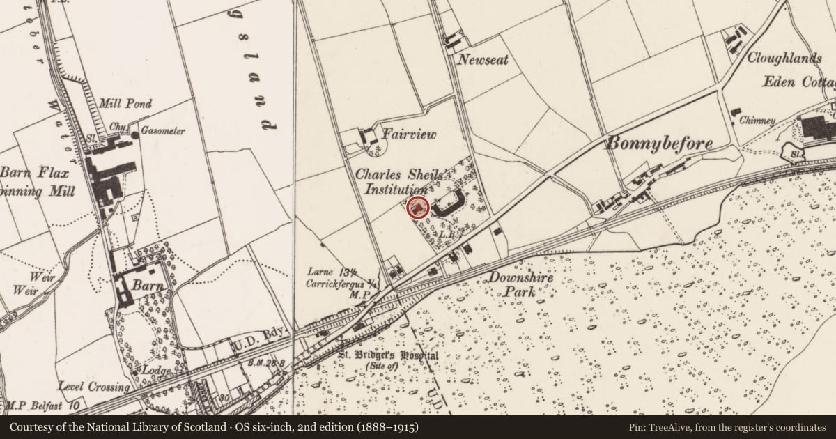 Ordnance Survey six-inch map, 2nd edition (1888–1915) covering the location of 28-31 Shiels Houses, Larne Road, Carrickfergus, Co Antrim BT38 7EA, North East Division, Mid and East Antrim, with a pin at the register's coordinates