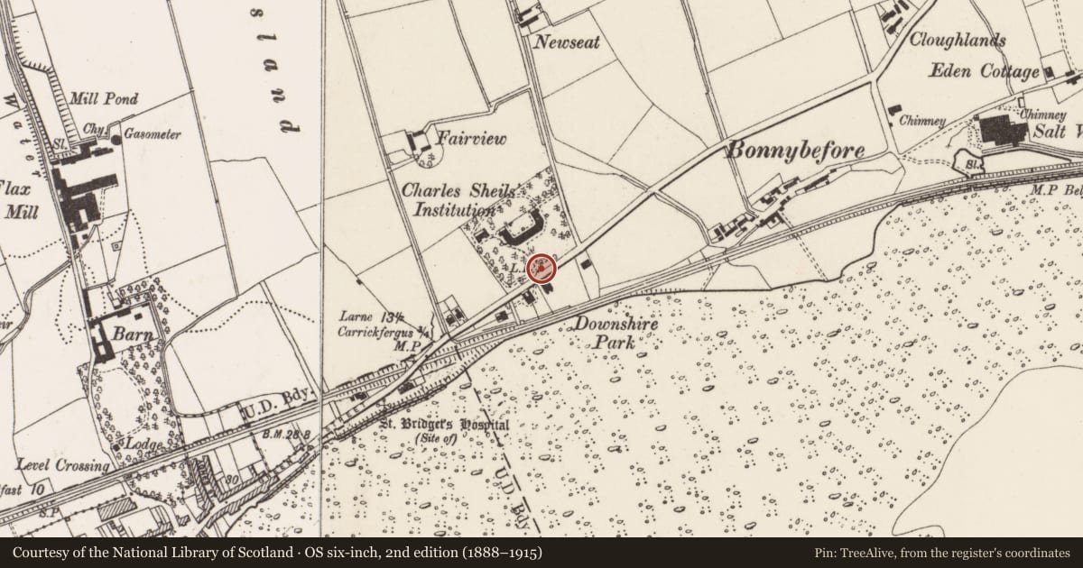 Ordnance Survey six-inch map, 2nd edition (1888–1915) covering the location of Gatescreen at Charles Shiels Institution, 48 Larne Road, Carrickfergus, Co Antrim BT38 7EA, North East Division, Mid and East Antrim, with a pin at the register's coordinates