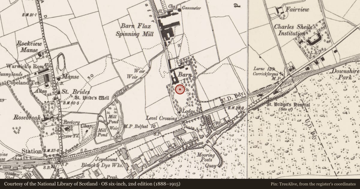 Ordnance Survey six-inch map, 2nd edition (1888–1915) covering the location of Carrickfergus Hospital, Mid and East Antrim, with a pin at the register's coordinates
