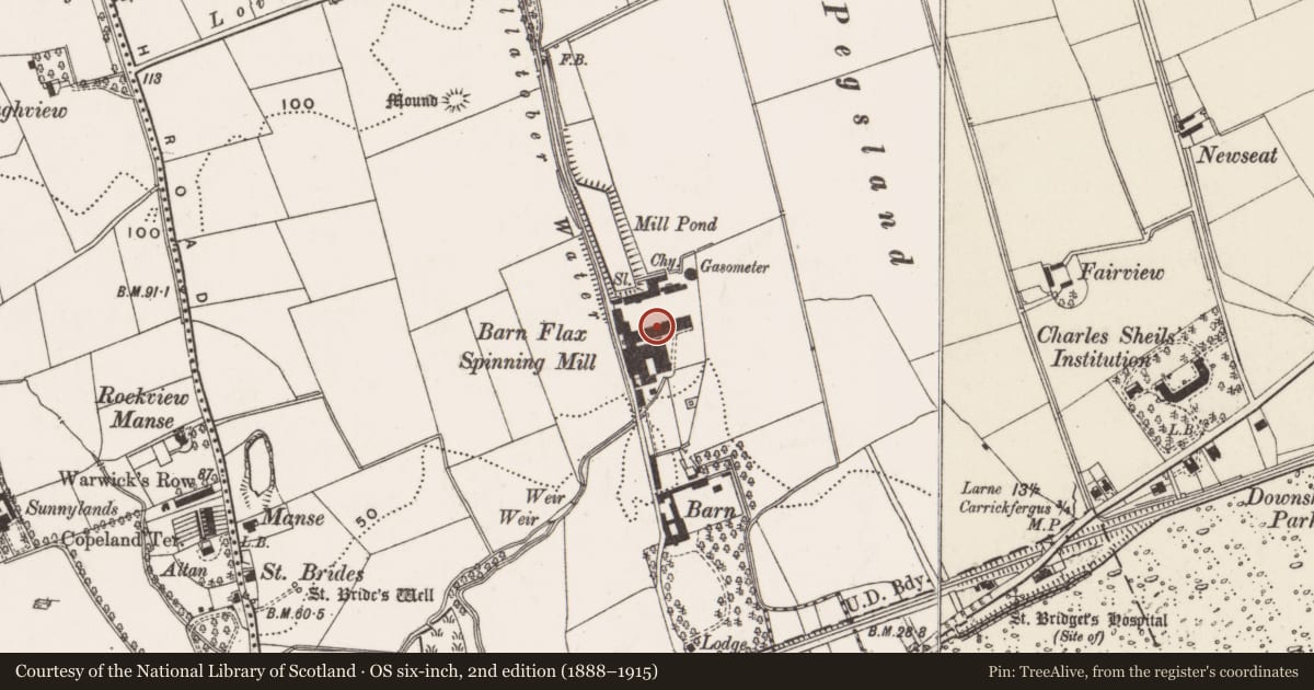 Ordnance Survey six-inch map, 2nd edition (1888–1915) covering the location of Barn Mills (Ambler's Mill), Carrickfergus, Mid and East Antrim, with a pin at the register's coordinates