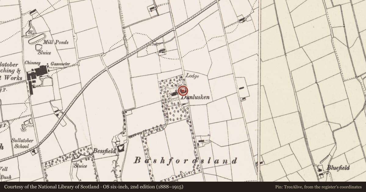 Ordnance Survey six-inch map, 2nd edition (1888–1915) covering the location of Dunlusken – Outbuilding, Mid and East Antrim, with a pin at the register's coordinates