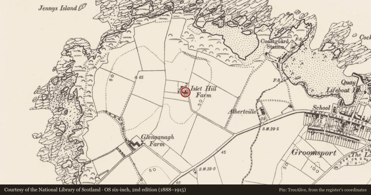 Ordnance Survey six-inch map, 2nd edition (1888–1915) covering the location of Islet Hill Farm, Ballymacormick, Ards and North Down, with a pin at the register's coordinates