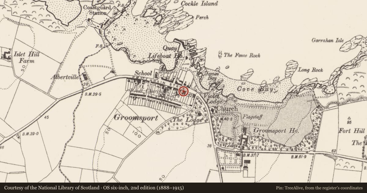 Ordnance Survey six-inch map, 2nd edition (1888–1915) covering the location of 57 Main St., Ards and North Down, with a pin at the register's coordinates