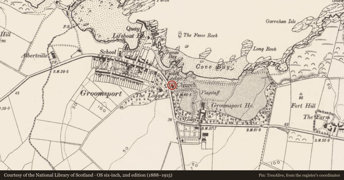 Ordnance Survey six-inch map, 2nd edition (1888–1915) covering the location of Groomsport Parish Church, Ards and North Down, with a pin at the register's coordinates