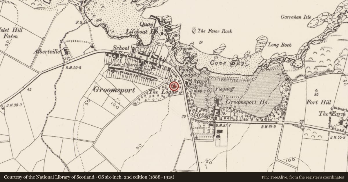 Ordnance Survey six-inch map, 2nd edition (1888–1915) covering the location of The Lodge, Groomsport, Ards and North Down, with a pin at the register's coordinates