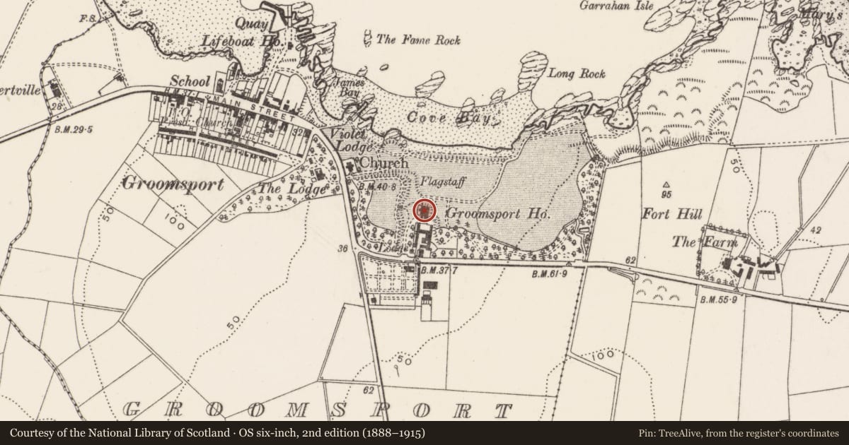 Ordnance Survey six-inch map, 2nd edition (1888–1915) covering the location of Groomsport House, Ards and North Down, with a pin at the register's coordinates