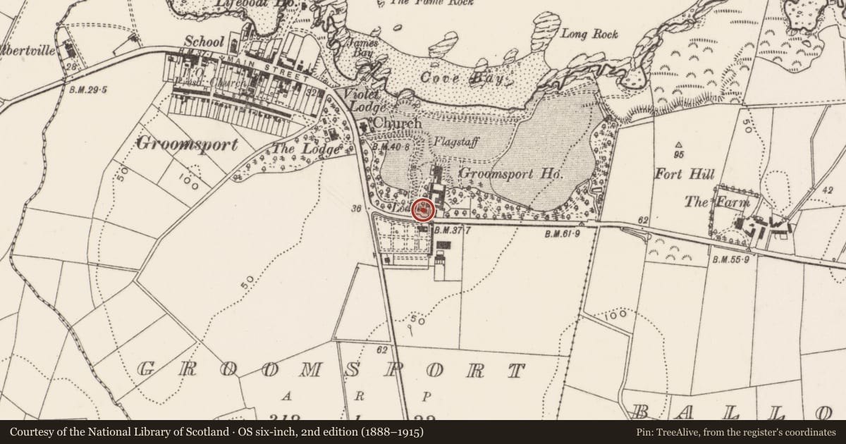 Ordnance Survey six-inch map, 2nd edition (1888–1915) covering the location of Gate Lodge, Groomsport, Ards and North Down, with a pin at the register's coordinates