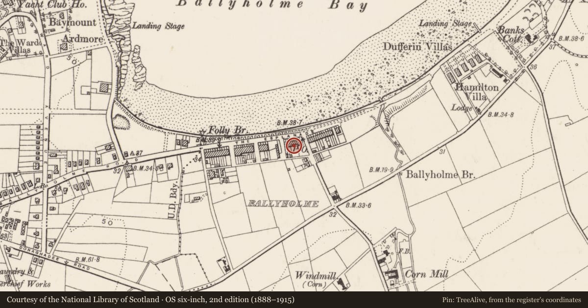 Ordnance Survey six-inch map, 2nd edition (1888–1915) covering the location of 38, 39, 40 The Esplanade, Ards and North Down, with a pin at the register's coordinates