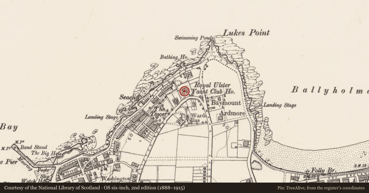 Ordnance Survey six-inch map, 2nd edition (1888–1915) covering the location of Royal Ulster Yacht Club, Corporation, Ards and North Down, with a pin at the register's coordinates