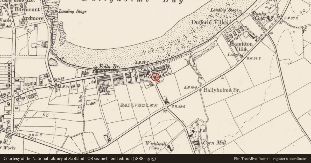 Ordnance Survey six-inch map, 2nd edition (1888–1915) covering the location of Holy Redeemer Roman Catholic Church, Ards and North Down, with a pin at the register's coordinates
