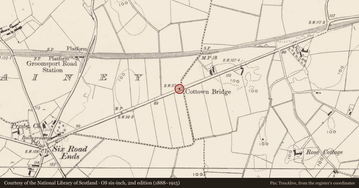 Ordnance Survey six-inch map, 2nd edition (1888–1915) covering the location of Cotton Bridge, Ards and North Down, with a pin at the register's coordinates